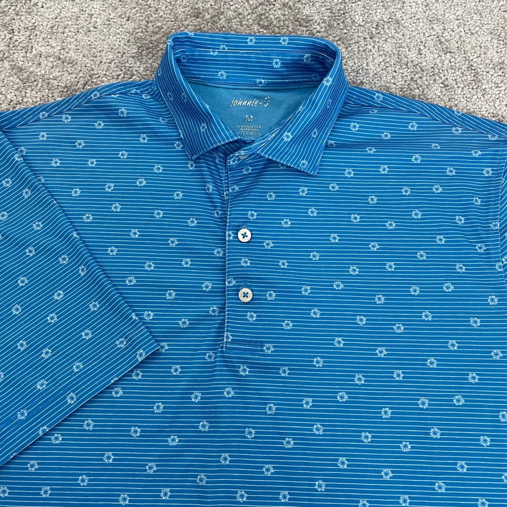Johnnie O Polo Mens Medium Floral Stripe UPF 50 Stretch Short Sleeve Blue